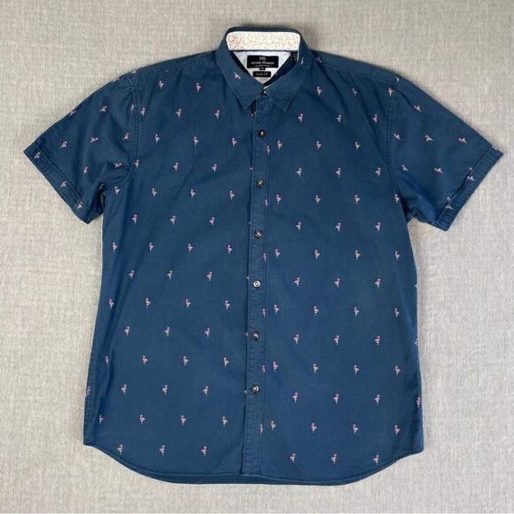 MB Michael Brandon Slim Fit Blue Flamingo Short Sleeve Button Down Shirt Men XL